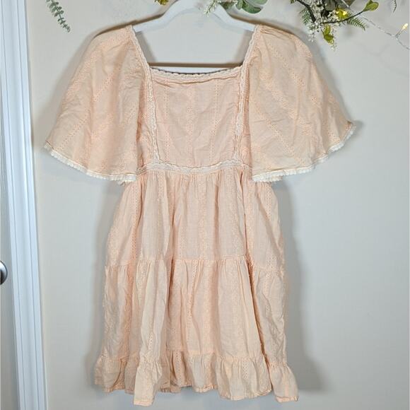 Altar'd State Peach Tiered Flutter Sleeve Lace Eyelet Babydoll Tunic Dress - Picture 2 of 8